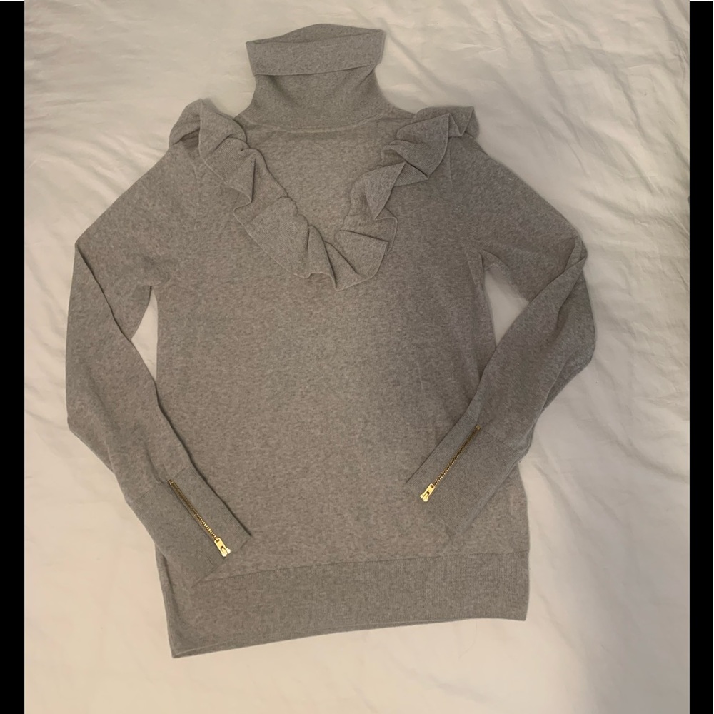 JCrew, grey turtle neck sweater with ruffle detail, size small